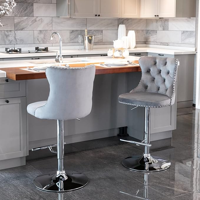 LUMISOL 2 Piece Swivel Velvet Bar Stools, Modern Upholstered Chrome Base Bar Stools with Backs Comfortable Tufted for Home Pub and Kitchen Island, Adjustable Seat Height from 25”-33”, Grey