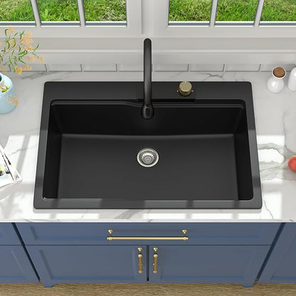 Lordear Black Waterfall Kitchen Sink Granite Composite 33x22 Drop In Kitchen Sinks Black Quartz Composite Single Bowl Multifunctional Workstation Topmount Sink with Pull Out Faucet