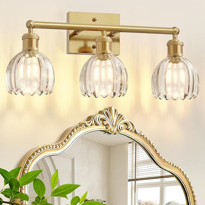Antique Brass Bathroom Light Fixtures Over Mirror,3-Light Bathroom Vanity Lights Over Mirror,Brass Wall Lights with Clear Glass Tulip Light Shade for Bedroom,Living Room,Hallway,E26 Base