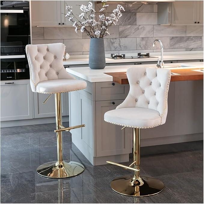 Golden Swivel Velvet Barstools Adjusatble Seat Height from 25-33 Inch,Modern Upholstered Bar Stools with Backs Comfortable Tufted for Home Pub and Kitchen Island,Beige,Set of 2