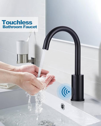 WOWOW Touchless Bathroom Faucet - Tall Automatic Bathroom Sink Faucet with Single Hole, Control Box and Temperature Mixer for Vanity with Deck Plate, Matte Black