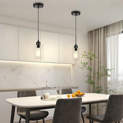 CANMEIJIA Modern Black Farmhouse Pendant Light with Glass Shade, Industrial Pendant Lighting, Island Lights for Kitchen, Modern Hanging Light Fixtures for Kitchen Island Decor (Black 2 Pack)
