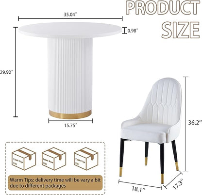 Round Dining Table Set for 4, 35.04" Modern Farmhouse Dining Table and 4 Leather Dining Chair, Small Circle Kitchen Tables with Wood & Gold Stainless Steel Base for Living Room, Kitchen, White