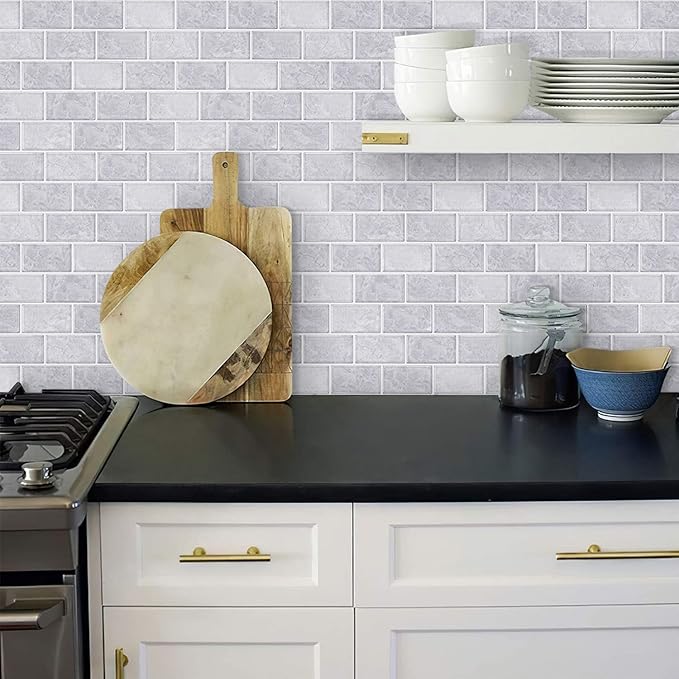 STICKGOO 10-Sheet Subway Tiles Peel and Stick Backsplash, Cinderella Grey Marble Look Stick on Tiles Kitchen Backsplash (Thicker Design)
