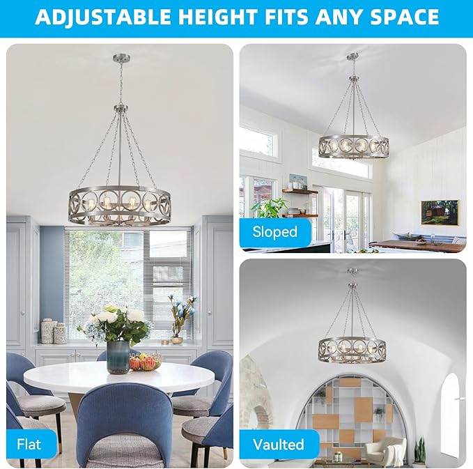 XINGQI Large Drum Chandelier 32.3" Brushed Nickel Chandeliers for Dining Room, Modern 8-Light Round Pendant Lighting Fixture for Living Room Office Kitchen Island