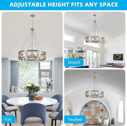 XINGQI Large Drum Chandelier 32.3" Brushed Nickel Chandeliers for Dining Room, Modern 8-Light Round Pendant Lighting Fixture for Living Room Office Kitchen Island