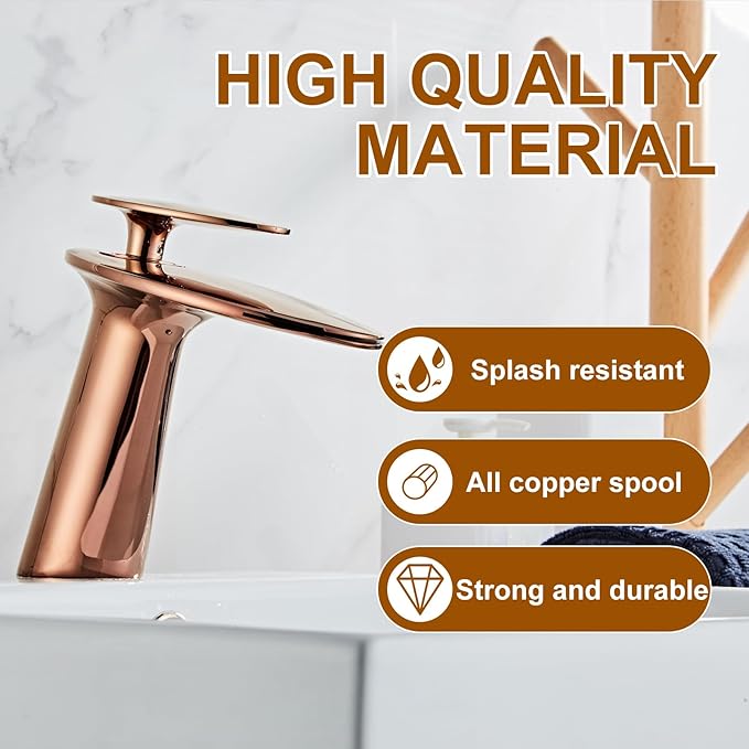 Wovier Rose Gold Waterfall Bathroom Sink Faucet,Single Handle Single Hole Brass Lavatory Vanity Faucet,Slanted Body Basin Mixer Tap with Supply Hose and Pop Up Drain Assembly