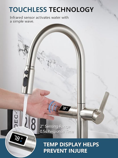 Lefton Touchless Pull-Out Kitchen Faucet, Hands Free Motion Sensor Activated, Battery-Free Temperature Display, KF2206 (Contemporary, Brushed Nickel)