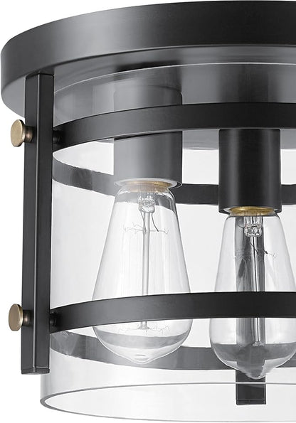 Globe Electric 60417 3-Light Flush Mount Ceiling Fixture, Dark Bronze Finish, Brass Detail, Clear Glass Shade, Modern Lighting for Kitchen, Bedroom, or Dining Room, Rustic, E26 Base