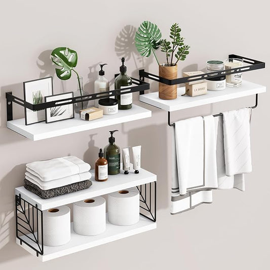 Fixwal Wall Mounted Bathroom Shelves Over Toilet, Rustic Wood Floating Shelves with Metal Frame and Towel Bar for Bathroom, Kitchen, Bedroom, Living Room (White)
