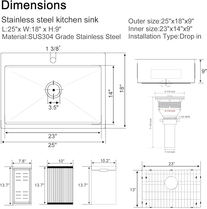 25-inch Workstation Kitchen Sink Drop In, 25x18 Inch 18 Gauge Stainless Steel Topmount Kitchen Sink Single Bowl with Cutting Board& Strainer