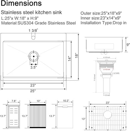 25-inch Workstation Kitchen Sink Drop In, 25x18 Inch 18 Gauge Stainless Steel Topmount Kitchen Sink Single Bowl with Cutting Board& Strainer