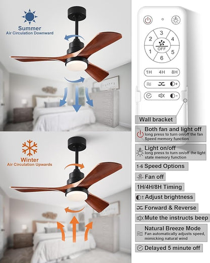 42 inch Wood Ceiling Fans with Lights and Remote, Upgraded Dimmable, Quiet Reversible DC Motor, 3 Blades 6 Speeds Black Ceiling Fan for Farmhouse Living Room Bedroom Dining Room Workroom Study