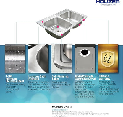 Houzer Glowtone Stainless Steel Kitchen Bar & Prep Sink - 33 Inch Drop-In Topmount 3-Hole 50/50 Double Bowl Sink, Durable & Versatile, Nested 36-Pack - 3322-8BS3-36