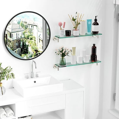 Glass Shelves for Bathroom,20-Inch Brushed Nickel Floating Bathroom Shelf Stainless Steel Tempered Glass Shelf Modern Shelves Wall Mounted