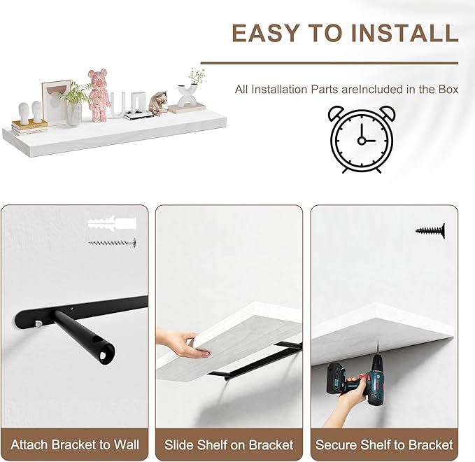 60x12 Inch Floating Shelves for Wall, Set of 2 Solid Wood Wall Shelves, Extra Long Heavy Duty Wall Mount Shelf for Living Room & Kitchen, Large White Floating Shelves