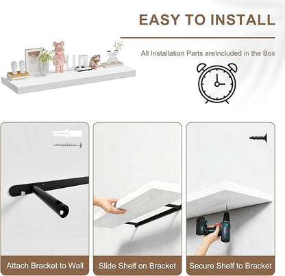 60x12 Inch Floating Shelves for Wall, Set of 2 Solid Wood Wall Shelves, Extra Long Heavy Duty Wall Mount Shelf for Living Room & Kitchen, Large White Floating Shelves