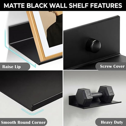 Z metnal Small Metal Shelves, Mini Floating Shelf for Collection Action Figures Speaker, Decor Display Wall Shelf, Aluminum, Wall Mounted, Matt Black, 10 inch, 2 Pack