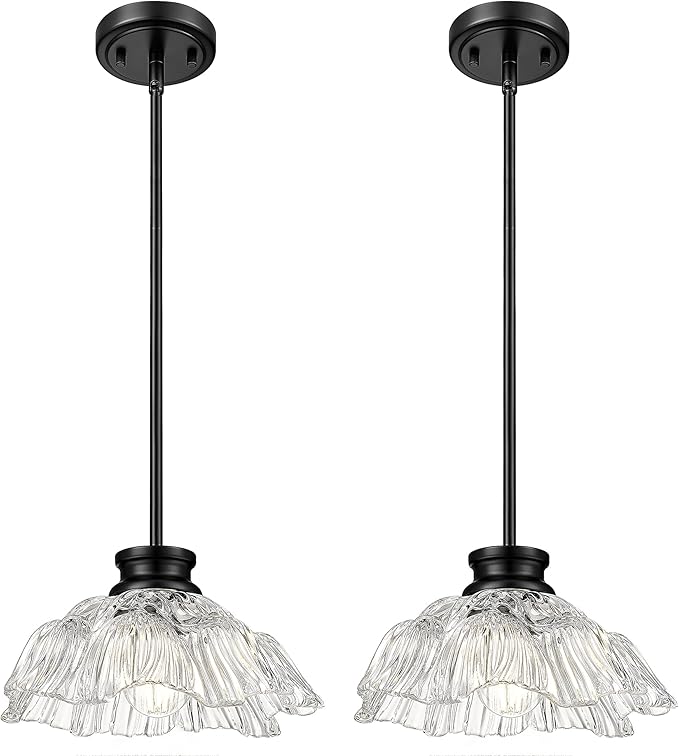 Modern Pendant Lights Kitchen Island, HWH Hanging Light Fixture Set of 2, 10 Inch Pendant Light Fixtures Ceiling with Clear Flower Glass, Matte Black Finish, 5HJX112MIL-2PK BK