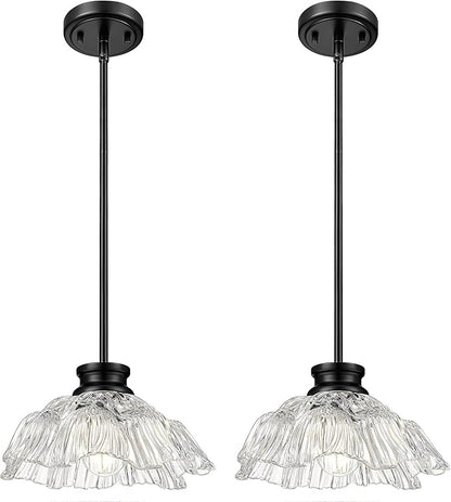 Modern Pendant Lights Kitchen Island, HWH Hanging Light Fixture Set of 2, 10 Inch Pendant Light Fixtures Ceiling with Clear Flower Glass, Matte Black Finish, 5HJX112MIL-2PK BK
