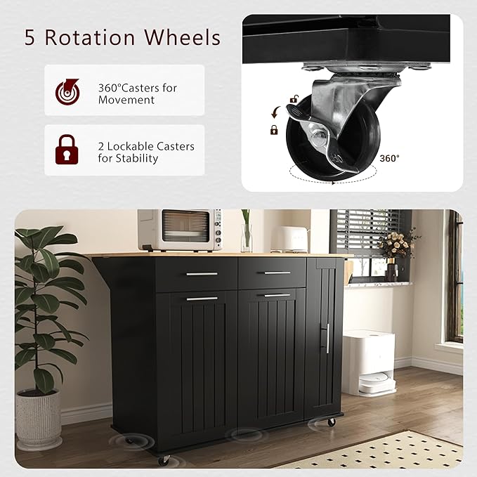 Kitchen Island With Drop Leaf, Storage Cart With 3 Tier Pull Out Cabinet Organizer, Internal Rack, Rolling Cart on Wheels With Towel Rack, 2 Drawers, for Kitchen (Black#021)