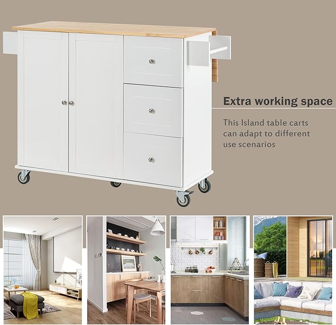 GOWE Rolling Mobile Kitchen Island with Solid Wood Top and Locking Wheels,52.7 Inch Width,Storage Cabinet and Drop Leaf Breakfast Bar,Spice Rack, Towel Rack & Drawer (White)