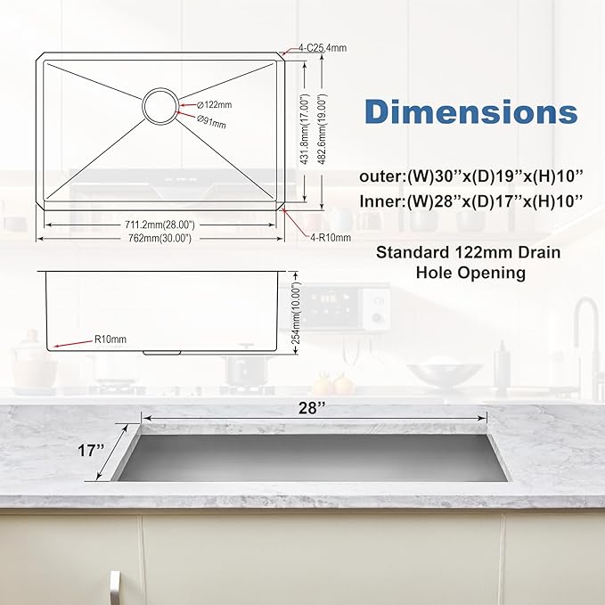 30 Inch Undermount Kitchen Sink Single Bowl,304 Stainless Steel Kitchen Sink, Include Dish-DryingRoll-up Rack Accessories, (Brushed Nickel, 30x19x10 Inch)
