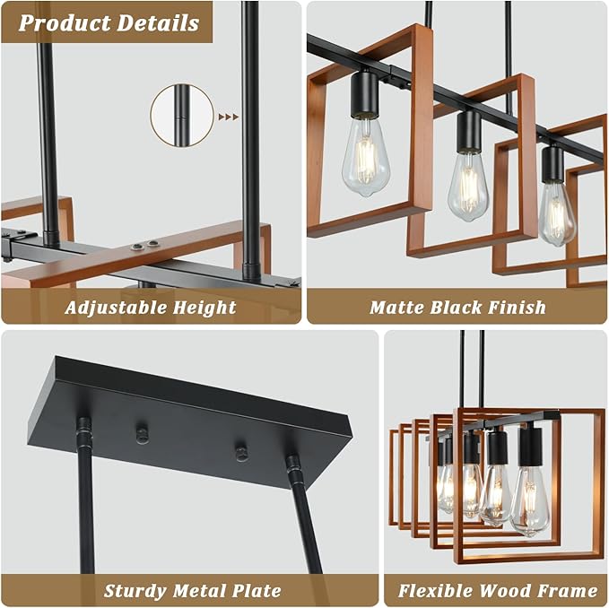 5-Light Farmhouse Kitchen Island Lighting, Adjustable Dining Room Light Fixtures, Black Rustic Wood Farmhouse Chandelier Hanging Ceiling Light for Kitchen,Bulbs Not Included