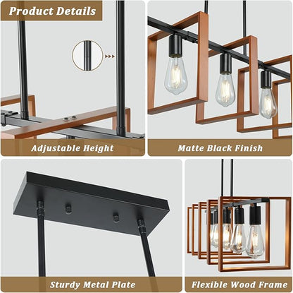 5-Light Farmhouse Kitchen Island Lighting, Adjustable Dining Room Light Fixtures, Black Rustic Wood Farmhouse Chandelier Hanging Ceiling Light for Kitchen,Bulbs Not Included