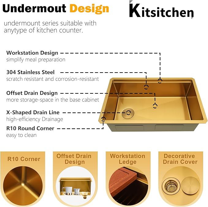 Kitsitchen 30 Inch Gold Undermount Kitchen Sink,16 Gauge Stainless Steel Under Counter Single Bowl Kitchen Sink,10 Inch Deep Workstation Sinks with Abundant Accessories & Offset Drain(30"x18"x10")