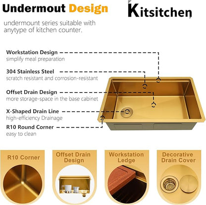 Kitsitchen 30 Inch Gold Undermount Kitchen Sink,16 Gauge Stainless Steel Under Counter Single Bowl Kitchen Sink,10 Inch Deep Workstation Sinks with Abundant Accessories & Offset Drain(30"x18"x10")