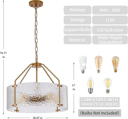Glass Drum Gold Chandelier for Dining Room 20'' Entryway Light Fixture 5-Light Kitchen Chandeliers Over Table Bedroom Light Fixture for Living Room Hallway Foyer Kitchen