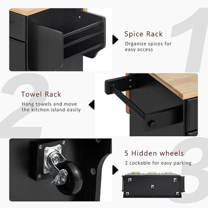 JIJIWANG 59.3" Kitchen Island with Storage 2 Pull Out Cabinet Organizers & Rubber Wood Drop Leaf, Rolling Island with Trash Can Storage, Power Outlet, Spice & Towel Rack for Kitchen, Dining, Black