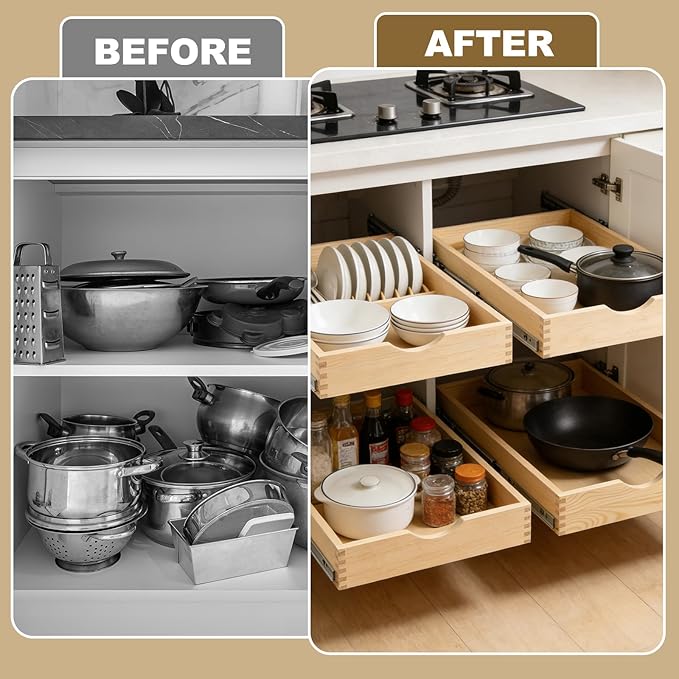 20" Pull Out Cabinet Drawer (Fits 21" Cabinet Opening), Wood Slide Out Cabinet Shelf Organizer with Ball Bearing Slides, Clear Lacquer Finish, Heavy Duty Kitchen Cabinet Pull Out Shelves