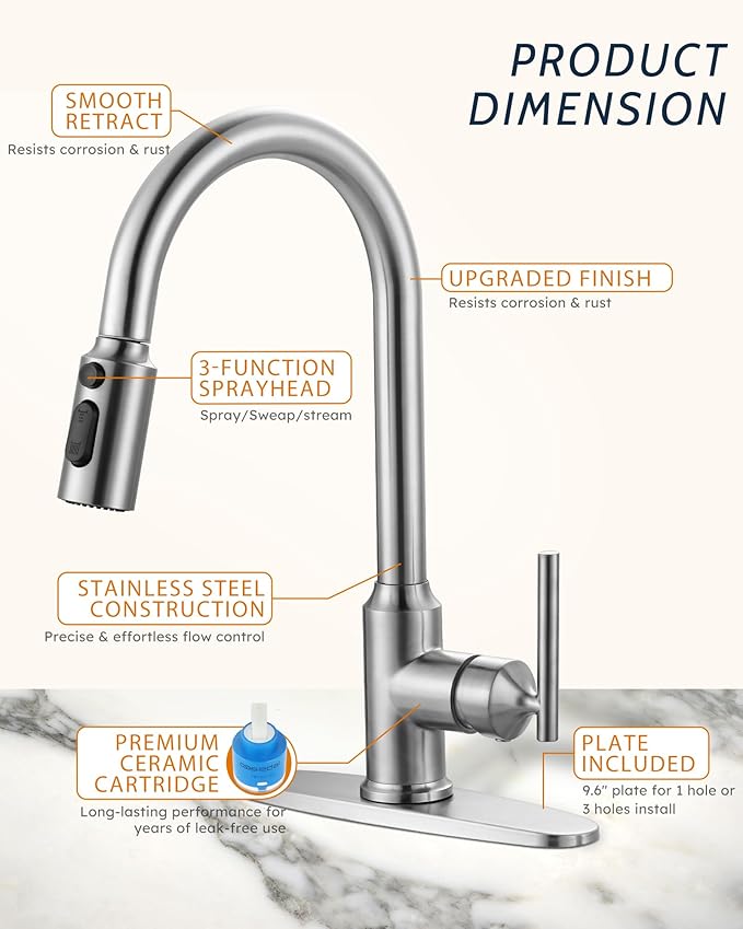 Kitchen Faucets with Soap Dispenser with Pull Down Sprayer, High Arc Single Handle Stainless Steel Sink Faucets 1 or 3 Hole, Kitchen Sink Faucets for Farmhouse Camper Laundry Rv Bar,Brushed Nickel