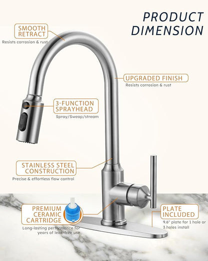 Kitchen Faucets with Soap Dispenser with Pull Down Sprayer, High Arc Single Handle Stainless Steel Sink Faucets 1 or 3 Hole, Kitchen Sink Faucets for Farmhouse Camper Laundry Rv Bar,Brushed Nickel