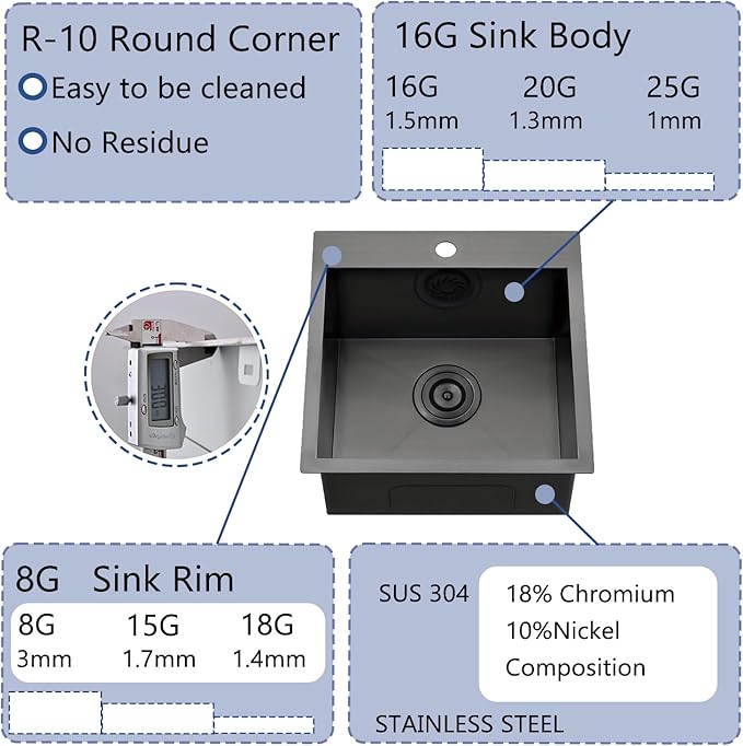 18x18 Inch Black Bar Sink Drop In, Topmount Stainless Steel Kitchen Sink, Square Small Kitchen Sinks, Single Bowl Kitchen Sinks for Laundry Wet Bar Prep RV Office Outdoor Yard with Grid & Drain