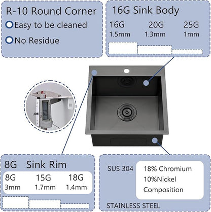 18x18 Inch Black Bar Sink Drop In, Topmount Stainless Steel Kitchen Sink, Square Small Kitchen Sinks, Single Bowl Kitchen Sinks for Laundry Wet Bar Prep RV Office Outdoor Yard with Grid & Drain
