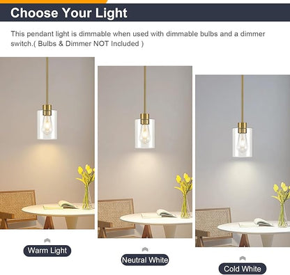 Modern Farmhouse Brass Gold Pendant Lights, Mini Hanging Light Fixture with Clear Glass Shade, Adjustable Rods for Kitchen Island, Sink, Bar (2 Pack)