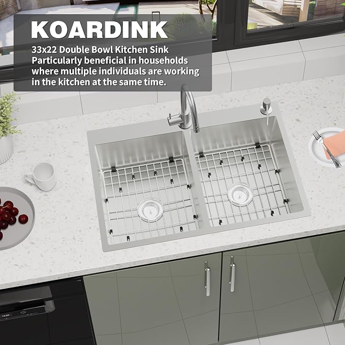 Stainless Steel 50/50 Double Bowl 33x22x9 Inch Drop In Kitchen Sink - Topmount Modern Style, Combo-Sink Grid, Silicon Mat, Drain Assembly