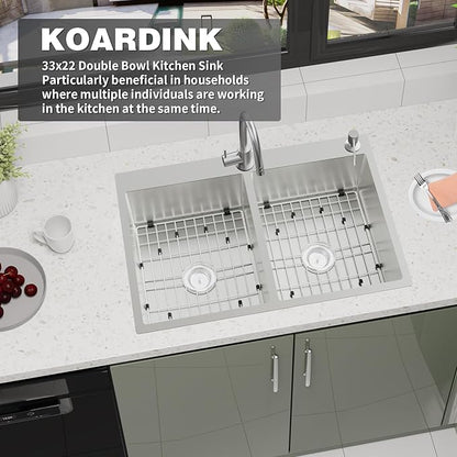 Stainless Steel 50/50 Double Bowl 33x22x9 Inch Drop In Kitchen Sink - Topmount Modern Style, Combo-Sink Grid, Silicon Mat, Drain Assembly