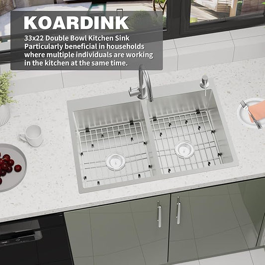 Stainless Steel 50/50 Double Bowl 33x22x9 Inch Drop In Kitchen Sink - Topmount Modern Style, Combo-Sink Grid, Silicon Mat, Drain Assembly