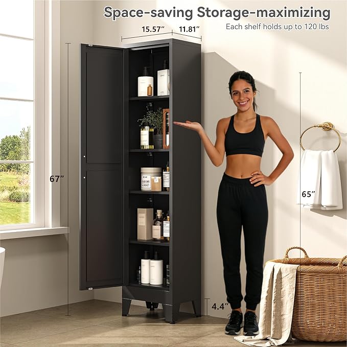 67" Tall Storage Cabinet with Reversible Doors and Adjustable Shelves,Metal Slim Freestanding Cabinet for Bathroom Kitchen Garage Small Spaces,Black,1 Pack