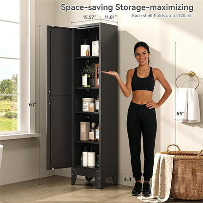 67" Tall Storage Cabinet with Reversible Doors and Adjustable Shelves,Metal Slim Freestanding Cabinet for Bathroom Kitchen Garage Small Spaces,Black,1 Pack