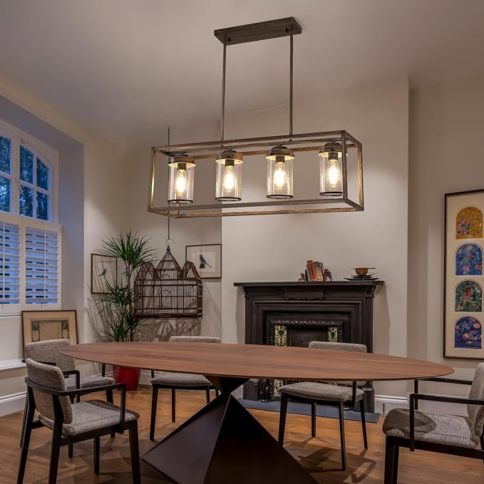 Farmhouse Dining Room Light Fixtures, Black and Gold Chandeliers for Dining Room,Kitchen Island,Office Coffee Shop, Rustic Rectangle Linear Pendant Ceiling Light with Glass Shade,Oak and Gold