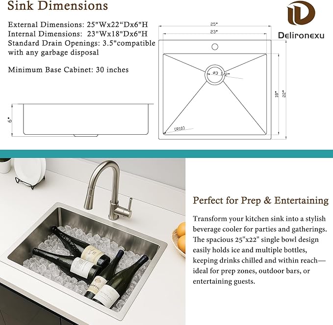 25x22 Drop In Kitchen Sink – Delironexu 18 Gauge Stainless Steel Kitchen Sink, 25 Inch Top Mount Kitchen Sink with Brushed Finish, 6 Inch Deep Single Bowl Kitchen Sinks for RV, Prep, and Outdoor Use