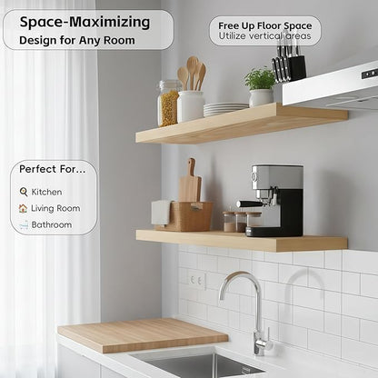 Lufia Floating Wall Shelves, Set of 2, MDF with Invisible Brackets, Modern Storage for Bedroom, Bathroom, Living Room, Kitchen (Oak, 24" W x 7" D x 1.5" H)