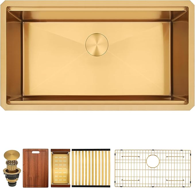 Gold Undermount Kitchen Sink,16 Gauge SUS304 Stainless Steel All In One Workstation Sinks with Full Set Accessories, 32" x 18" x 10" Large and Deep Handmade Single Bowl Kitchen Sinks
