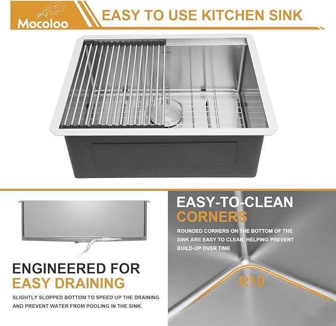 Mocoloo 24 Inch Undermount Kitchen Sink - 24 x 19 Bar Sinks Stainless Steel 16 Gauge Single Bowl Under Counter Small Kitchen Sink Workstation 10'' Deep Handmade Basin