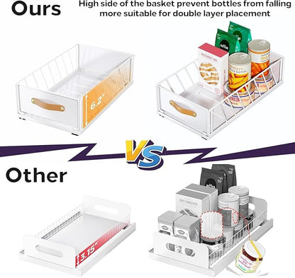 Pull out Cabinet Organizer,Heavy Duty Slide out Pantry Shelves Drawer Storage with Adhesive Nano Film,Sliding Mesh Cabinet Basket with Handle for Kitchen, Bathroom, Home, 13.8"W X 21"D X 6.2"H,White